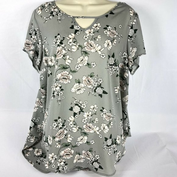 torrid Tops - Torrid- GREY FLORAL KEYHOLE GEORGETTE BLOUSE